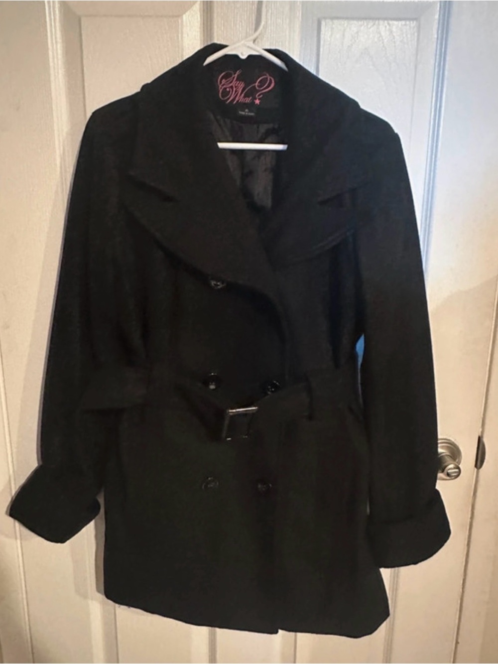 Say What? Black Double-Breasted Peacoat with Belt